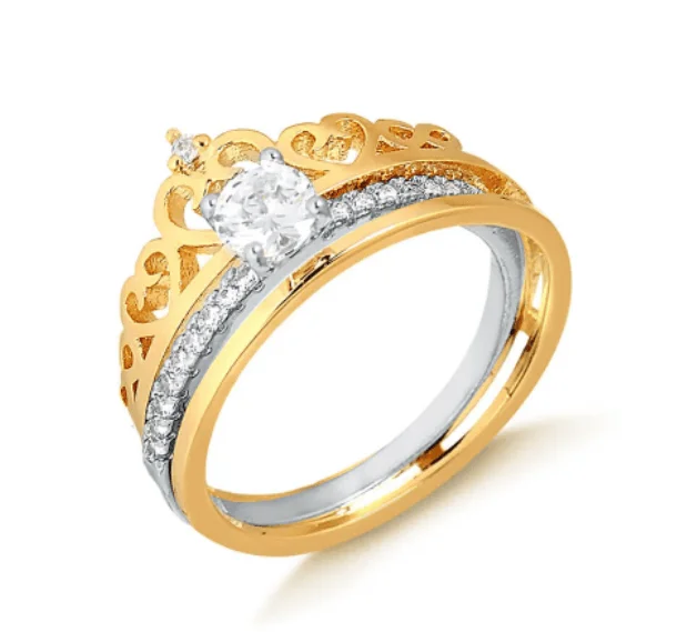 Anel dourado e com banho de ródio branco em formato de coroa para debutantes